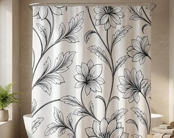 Black and White Floral Shower Curtain, Minimalist Botanical Bathroom Decor, Modern Scandinavian Bath Curtain, Neutral Bathroom