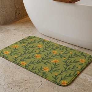 Badematte mit olivgrünem Blumenmuster, Boho Badematte, Memory-Schaumstoff Badezimmerteppich, Cottagecore Badezimmer Dekor, rutschfeste Badematte