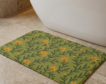 Tapis de bain botanique, tapis de salle de bain en mousse à mémoire de forme, tapis de bain à fleurs vert olive, décoration de salle de bain cottagecore, tapis de bain antidérapant