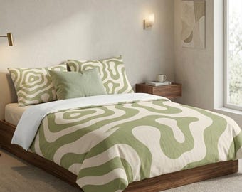 Sage Green Comforter Set, Organic Cotton Bedding, Minimalist Boho Comforter, Abstract Bedding Set, Modern Bedroom Decor