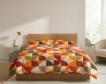 Retro Geometric Cotton Comforter, Oeko-Tex Bedding, Mid Century Modern Quilt, Lightweight Autumn Bedspread, Boho Bedroom Decor