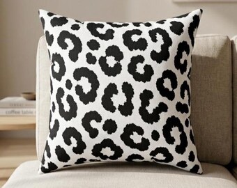 Black White Leopard Throw Pillow, Modern Animal Print Pillow, Leopard Accent Cushion, Minimalist Couch Decor Pillow