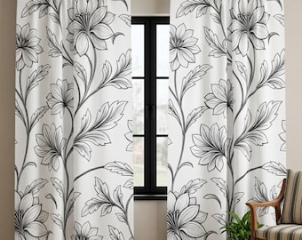 Cortina opaca floral en blanco y negro, panel minimalista botánico para ventana, cortina escandinava para dormitorio, decoración neutra para el hogar.