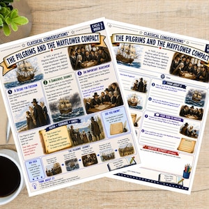 May include: Two educational worksheets titled The Pilgrims and the Mayflower Compact from Classical Conversations. The pages feature historical illustrations of ships and pilgrims, numbered sections with text, questions, and a timeline of events.