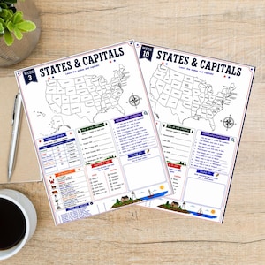 May include: Two educational worksheets titled States & Capitals for Week 3 and Week 10. Each page features a map of the United States, fill-in-the-blank sections for capitals, geography detective questions, a match-it section, and a draw-it box.