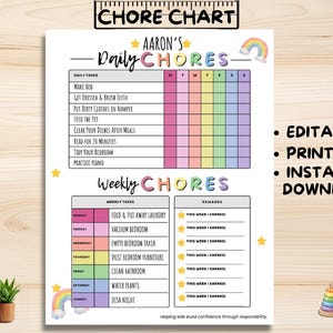 Puede incluir: Una tabla de tareas blanca con el texto Aaron's Daily Chores y Weekly Chores. La tabla presenta un arcoíris, estrellas amarillas y una cuadrícula para realizar un seguimiento de tareas como hacer la cama, alimentar a la mascota y aspirar.