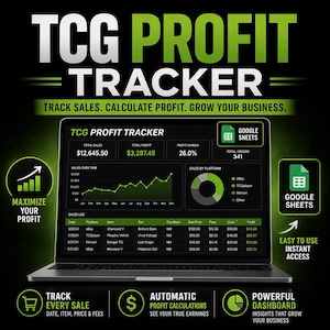May include: A laptop screen displays the "TCG Profit Tracker" interface, showing sales data, profit margins, and a sales log. The interface includes charts, graphs, and the text "Track Sales. Calculate Profit. Grow Your Business."