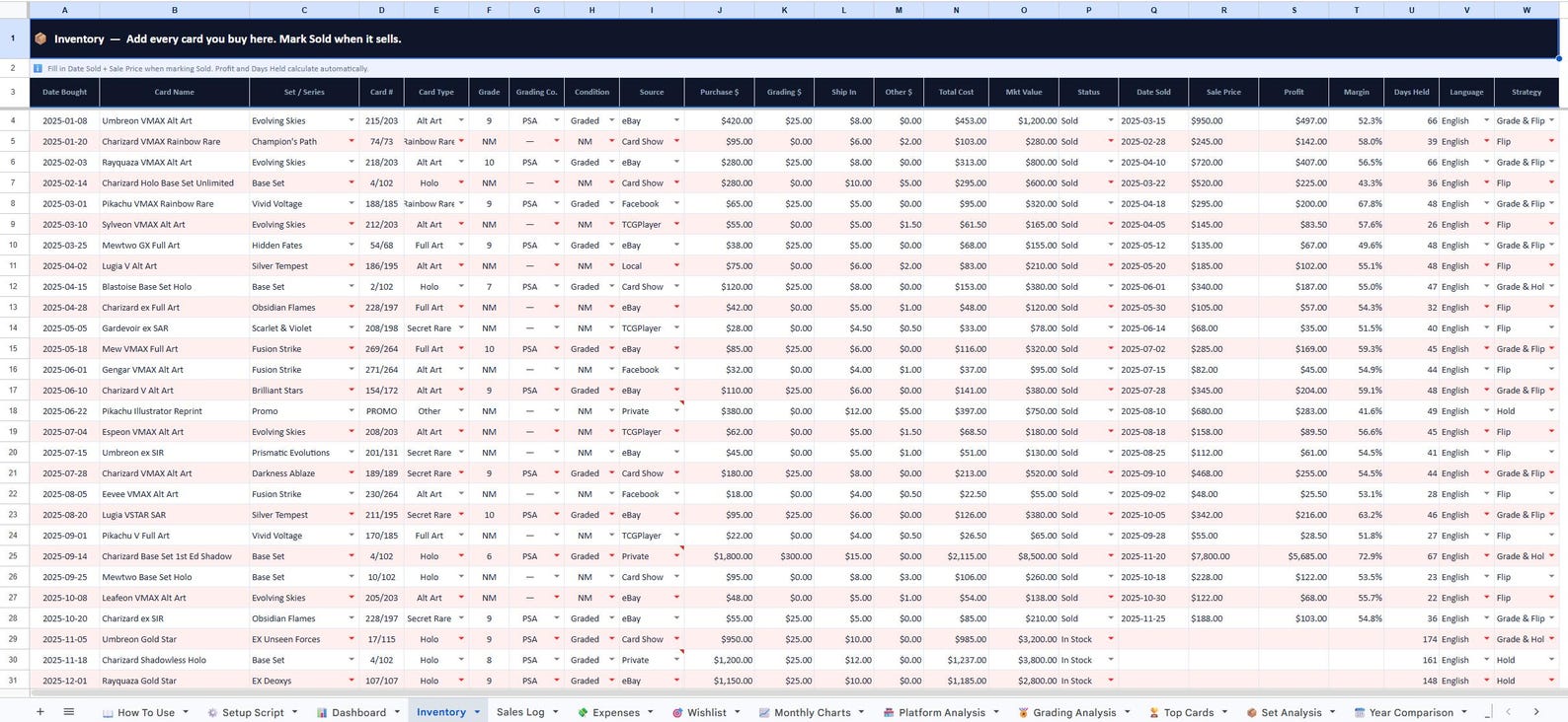 Pokemon TCG Card Tracker Spreadsheet | Inventory, Sales Log and Profit ...