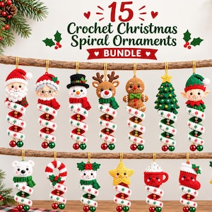 May include: A collection of 15 crochet Christmas spiral ornaments hanging from two wooden branches. The set includes figures like Santa, a snowman, a reindeer, a gingerbread person, a tree, an elf, a penguin, a polar bear, and a bell.