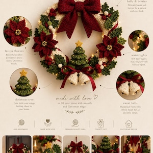 Puede incluir: Una corona de Navidad de ganchillo redonda con un gran lazo rojo oscuro en la parte superior, flores de pascua verdes, hojas de acebo, bayas blancas, un &aacute;rbol de Navidad verde central con una estrella amarilla y dos peque&ntilde;as campanas color crema.