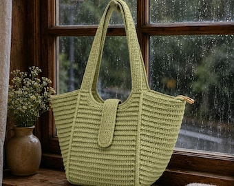 Puede incluir: Un bolso tote de ganchillo en color verde claro con textura acanalada, dos asas integradas para el hombro y una lengüeta de cierre central vertical. El bolso tiene una silueta estructurada con una abertura ancha y un tirador de cremallera dorado.