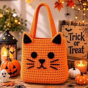 May include: A bright orange crochet tote bag shaped like a cat face, featuring two black triangular ears, two round black eyes, a black nose, and black stitched whiskers. The bag has a single orange handle and a textured, woven yarn construction.