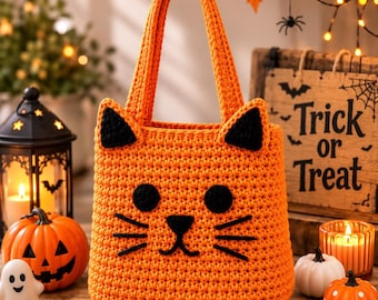 Puede incluir: Un bolso tote de ganchillo naranja brillante con forma de cara de gato, que presenta dos orejas triangulares negras, dos ojos redondos negros, una nariz negra y bigotes negros bordados. El bolso tiene un asa naranja y textura tejida.