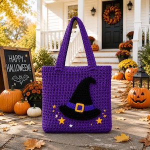May include: A purple crochet tote bag featuring a black witch hat appliqué with a yellow buckle and small yellow and white star accents. The bag has two sturdy crochet handles and a textured, woven appearance throughout the entire surface.