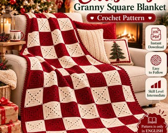 Puede incluir: Un patrón de ganchillo para una manta navideña de cuadrados granny con un diseño de tablero de ajedrez en cuadrados alternos de color rojo oscuro y crema. El texto dice Christmas Granny Square Blanket Crochet Pattern, Instant Download.