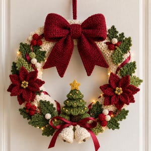 May include: A circular crochet wreath in cream yarn, featuring a large dark red bow at the top. It is decorated with dark red poinsettia flowers, green leaves, small red and white berries, a central green Christmas tree, and two cream bells.