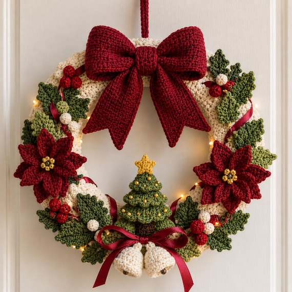 Crochet Wreath Pattern PDF | Christmas Wreath Crochet Pattern | Holiday Door Decor | DIY Crochet Christmas Decoration | Instant Download