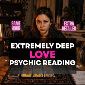 以下が含まれることがあります： ピンク色のSAME HOURとEXTRA DETAILED、白とピンク色のメインテキストEXTREMELY DEEP LOVE PSYCHIC READINGの文字が、タロットカードを並べたテーブルに座る人物の上に表示された、サイキックリーディングサービスの広告画像。