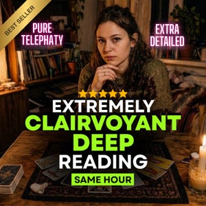 May include: A person sits at a wooden table with tarot cards and a lit candle. Text overlays read BEST SELLER, PURE TELEPHATY, EXTRA DETAILED, EXTREMELY CLAIRVOYANT DEEP READING, and SAME HOUR, accompanied by five yellow stars in a row.