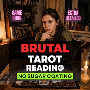 Może przedstawiać: Reklama usługi wróżenia z kart tarota z tekstem SAME HOUR, EXTRA DETAILED, BRUTAL TAROT READING oraz NO SUGAR COATING. Obraz przedstawia osobę siedzącą przy drewnianym stole z kartami tarota rozłożonymi na ciemnym, wzorzystym obrusie.