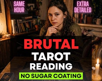 May include: A tarot reading service advertisement featuring the text SAME HOUR, EXTRA DETAILED, BRUTAL TAROT READING, and NO SUGAR COATING. The image displays a person sitting at a wooden table with tarot cards laid out on a dark patterned cloth.