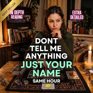 May include: A person sits at a wooden table with tarot cards, a lit candle, and crystals. Text overlays read: BEST SELLER, IN DEPTH READING, EXTRA DETAILED, DONT TELL ME ANYTHING JUST YOUR NAME, SAME HOUR. The scene is set in a room with bookshelves.