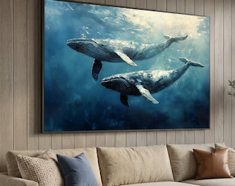 Majestic Humpback Whales Canvas Print, Underwater Ocean Life Wall Art