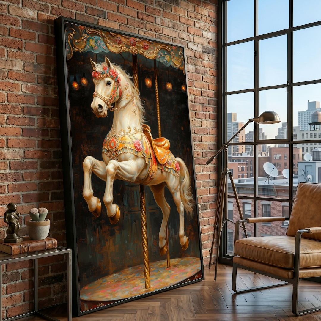 Vintage Carousel Horse Canvas Art, Fairground Amusement Ride Painting ...