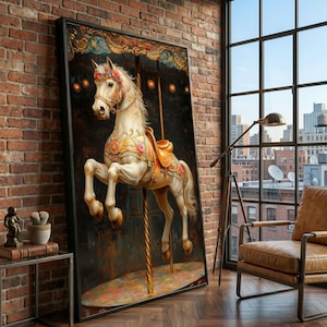 May include: A framed vertical wall art print featuring a white carousel horse with ornate gold and red floral decorations. The horse is depicted in a rearing pose, attached to a gold pole, set against a dark background with glowing lights.