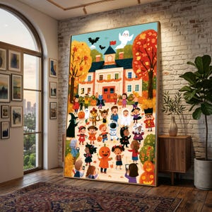 Può includere: Una grande stampa artistica da parete verticale che raffigura una colorata scena di Halloween con bambini in vari costumi riuniti davanti a un edificio scolastico. L'illustrazione presenta alberi autunnali, un fantasma bianco, pipistrelli e zucche.