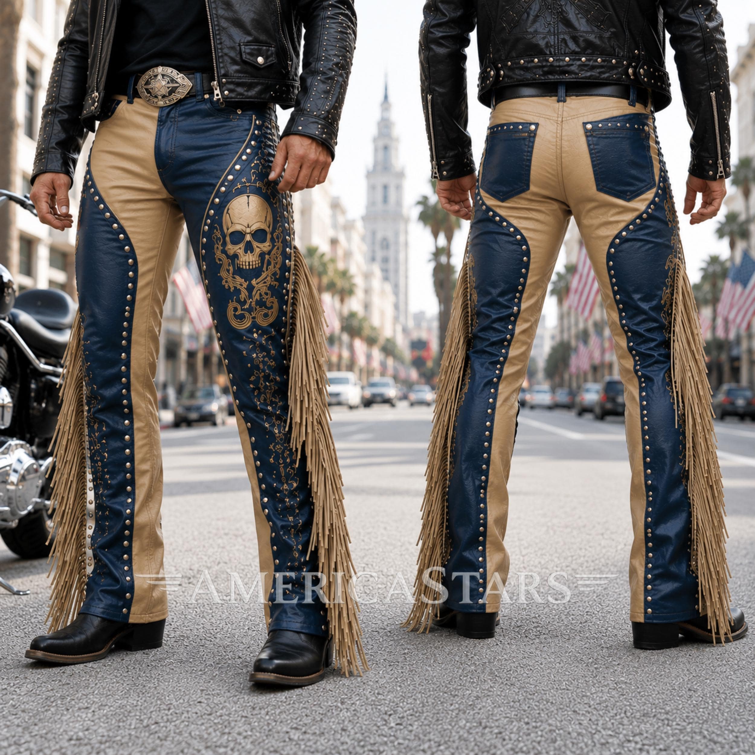 Men's Leather Fringe Pants: Two-Tone Skull Embroidery Biker Western Trousers