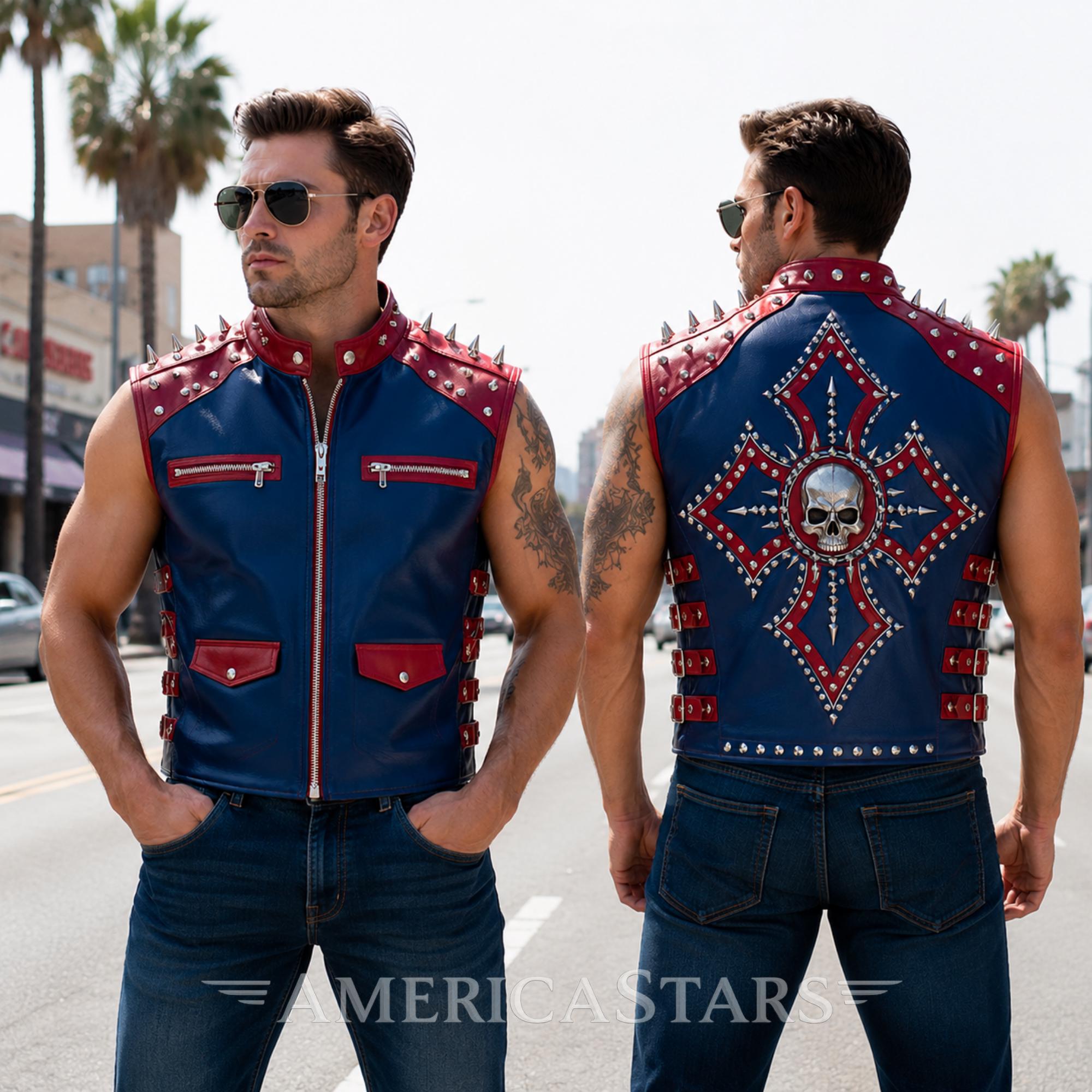 Men's Navy Red Leather Biker Vest, Skull Cross Studded Back, Punk Motorcycle Apparel