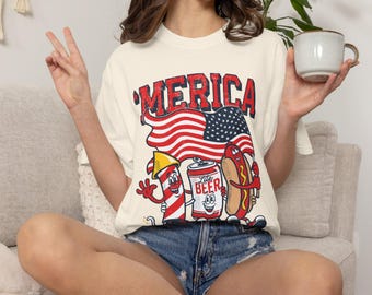 4 juli-shirt, Merica Team Flag-shirt, bierblikje en hotdog grafisch T-shirt | Patriottisch T-shirt van 4 juli, Amerika 250 jaar