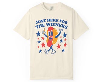 Just Here For The Wieners-T-shirt, 4 juli-shirt | Retro hotdogtekenfilm, patriottische sterren