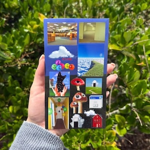 May include: A rectangular sticker sheet featuring a collage of surreal imagery including liminal spaces, colorful smiley faces, a black cat silhouette, mushrooms with eyes, a red house, clouds, and a computer window dialog box with the text "Window" and "OK".