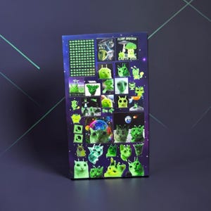 May include: A rectangular print featuring various alien-themed images. The print includes images of green aliens, space-themed graphics, and the text "FLORP INVASION" and "EARTH 2025". The overall color scheme is dominated by green and purple.