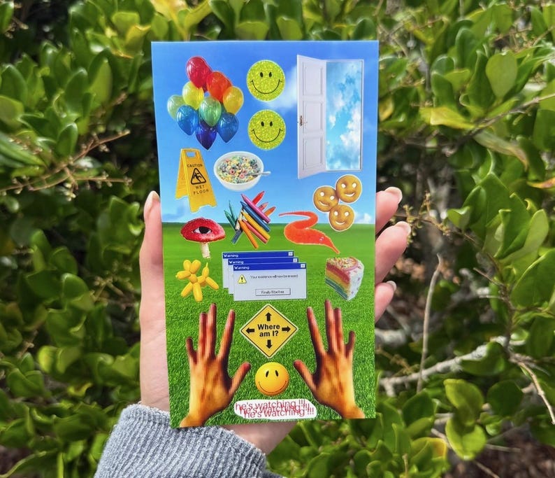 May include: A rectangular sticker sheet featuring a collage of colorful graphics on a green grass and blue sky background, including balloons, smiley faces, a door, a cereal bowl, crayons, a mushroom, a cake slice, and text reading Where am I.