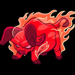 Puede incluir: Ilustraci&oacute;n de dibujos animados de un cerdo rojo con llamas alrededor de su cuerpo. El cerdo tiene una expresi&oacute;n de enfado y est&aacute; sobre un fondo negro. Las llamas son naranjas y amarillas.