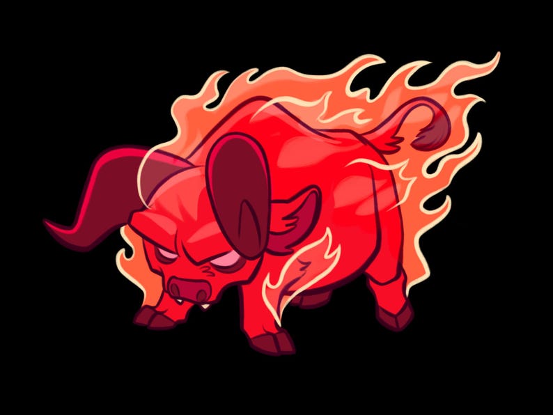 Puede incluir: Ilustraci&oacute;n de dibujos animados de un cerdo rojo con llamas alrededor de su cuerpo. El cerdo tiene una expresi&oacute;n de enfado y est&aacute; sobre un fondo negro. Las llamas son naranjas y amarillas.