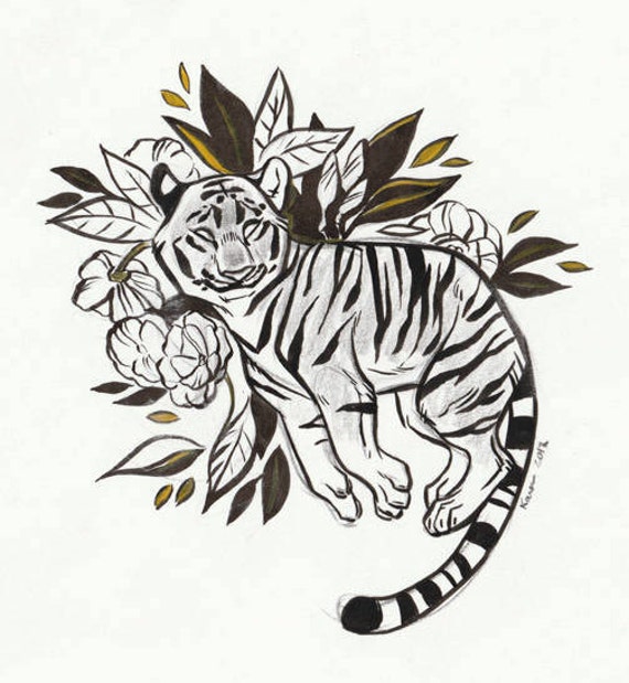 Tiger Floral Original Art Mixed Media | Etsy