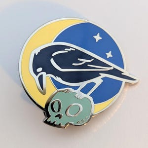 Raven Pin Raven Enamel Pin Skull and Moon Pin Dark Goth Gift for Her Gothic Gift Raven Lover Gift Occult Fan Raven Gift for Nature Lovers