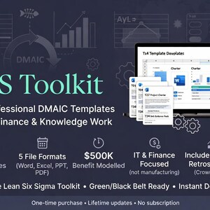 May include: Dark blue graphic with the text "LSS Toolkit" and "34 Professional DMAIC Templates for IT, Finance & Knowledge Work." A laptop displays charts and documents. Includes 34 templates, 5 file formats, and IT & Finance focus.