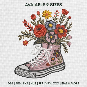 Floral Shoe High-Top Embroidery Design, Wildflower Sneaker Machine Embroidery Pattern, Boho Stitch File, 9 Sizes Included
