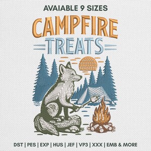 Motif de broderie friandises feu de camp, fichier de broderie Machine renard raton laveur, motif camp forestier, plusieurs tailles incluses