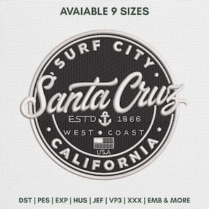 Santa Cruz Surf City Embroidery Design, California Coastal Patch, Beach PES File, Instant Download