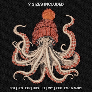 タコの刺繍デザイン、快適なビーニー帽の海の生き物の刺繍パターン、海のパッチ刺繍ファイル、HUS PES、9サイズ入り