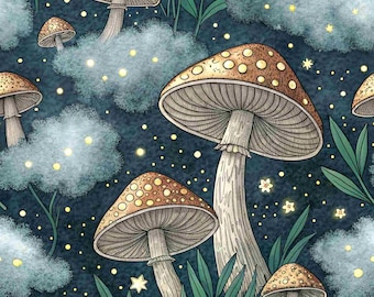Mushroom Cotton Fabric – Mystical Forest Print Fabric Night Garden Fabric Cottagecore Fabric Celestial Witch Fabric By The Half Yard