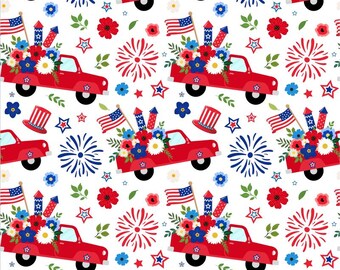 4th of July Truck Fabric Independence Day Truck Fabric Patriotic Floral DIY Craft Fabric 100% Cotton Fabric Sewing Fabric By The Half Yard