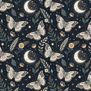 May include: A repeating pattern featuring butterflies, moons, stars, and floral elements on a dark blue background. The butterflies have detailed wing patterns, and the moons are crescent-shaped with star details. The design includes various leaves and small flowers.