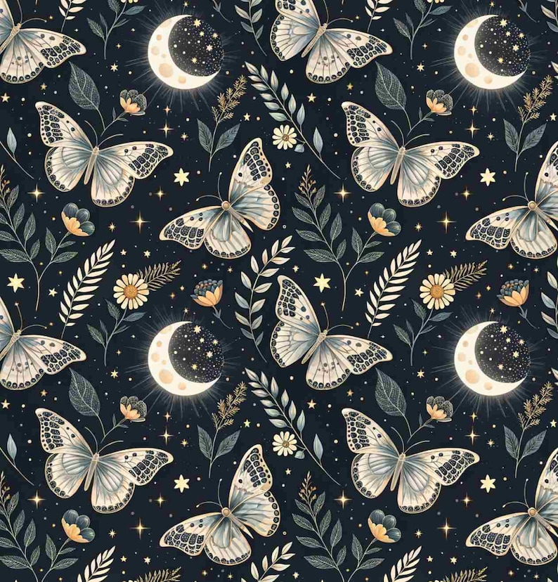 May include: A repeating pattern featuring butterflies, moons, stars, and floral elements on a dark blue background. The butterflies have detailed wing patterns, and the moons are crescent-shaped with star details. The design includes various leaves and small flowers.